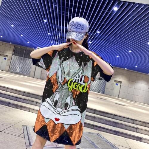 Fashion Cartoon Short Sleeve O-neck Straight Hip Hop Streetwear Loose Women Sequin Dresses Sukienki Vestidos 3689