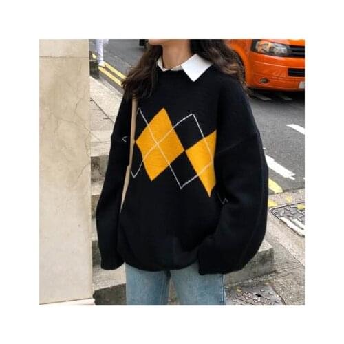 Women Knitted Sweater Fashion Oversized Argyle Print Pullovers Sweaters Ladies Winter Loose Sweater Street Women Jumper Mujer