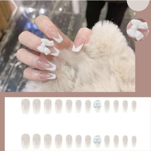 24Pcs/Set Bow Shaped Fake Nails Accessories Tool French Manicure Supplies for Beauty Finger Womens False