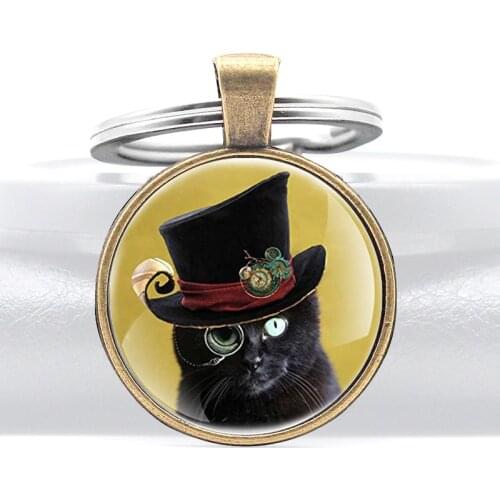 Antique Bronze Steampunk Cat Glass Dome key Chains Charms Men Women Key Ring Punk Style Jewelry Gifts