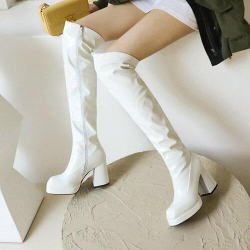 Spring Autumn Patent Leather Ladies Over the Knee Boots Platform Zipper Square Toe Boots Winter Square High Heel Womens Shoes