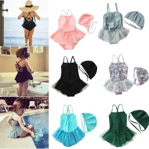 Kids Toddler Baby Girls Bathing Suit Cute Little Princess Dress One Piece Swimsuit Swimwear with Hat 2 Piece Set Kids Beach wear