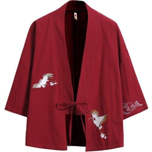 Kimono Cardigan Coat Men Samurai Crane Embroidery Traditional Vintage Loose Male Jackets Fashion Streetwear Summer Women Outwear