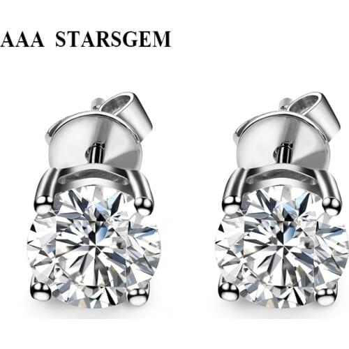 AAA Starsgem Classic Party 18K White Gold Round Shape 1 Carat Moissanites Diamond Stud Earrings for Women