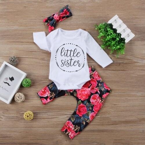 3Pcs Newborn Baby Girls Clothes Set Cotton Long Sleeve Letter Print Romper+Floral Pant+Bowknot Headband Infant Toddler Outfits