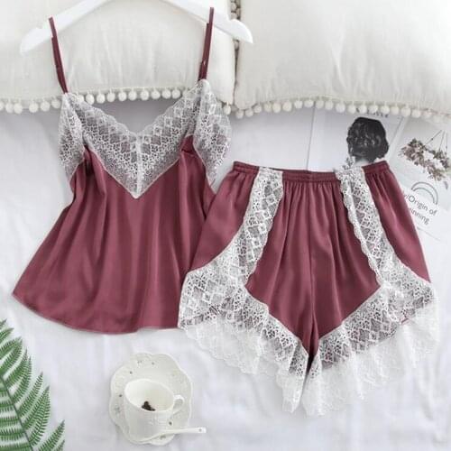 Summer ice silk pajamas home set V-neck lace sexy pajamas ladies suspender shorts two-piece suit, soft and comfortable vest