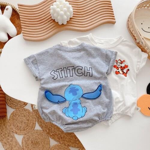 Disney 2021 Stitch Summer Newborn Cotton Clothes Toddler Boys Cartoon Short Sleeve Loose Bodysuits Kids Rompers