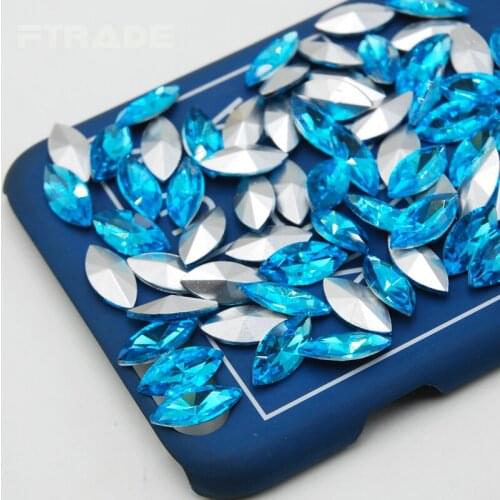 Marquise Horse eye Shape 3x6mm-17x32mm Glass Non Hotfix Crystal Aquamarine Color Silver Point Back Strass Glue on Rhinestones