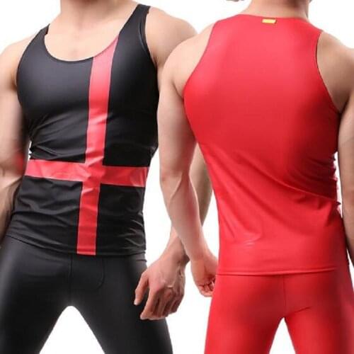 Sexy Men Elastic PU Leather Flaux Leather Tank Tops Man Night Stage Performance Clothing Male Funny Singlets Undershirt Vest