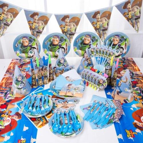 Cartoon Disney Toy Story Theme Party Supplies Decorations Balloons Tablecover Hats Toy Story Plate Cup Flag Party Disposable Set
