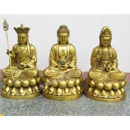 A SET 3p-large HOME SHOP Temple Lobby efficacious Protection GOOD luck Lotus Guanyin ksitigarbha Sakyamuni Buddha brass statue