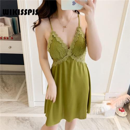 WIKISSPJS 2021NEW Deep V Nightdress Satin Chiffon Home Casual Pajamas Sexy Thin Sling Skirt Women Nightgown Sleepwear