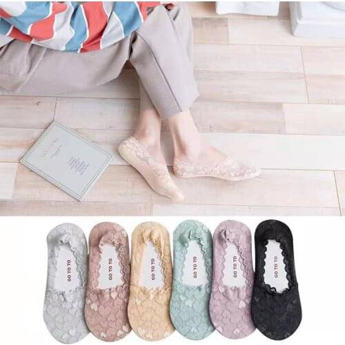 1Pair Summer Women Girls Invisible Boat Socks 6-Colour Silicone Non-Slip Female Lace Love Ice Silk Breathable Short Ankle Sox