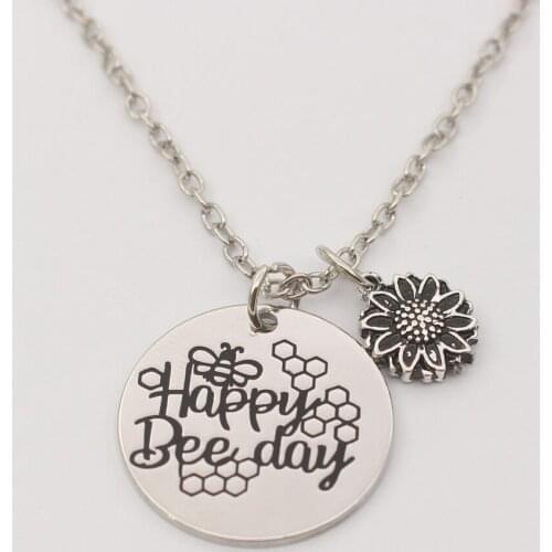 "Happy bee day "Necklace, Inspirational Jewelry Bee Necklace Honeycomb Cute sunFlower Pendant Necklaces for Her