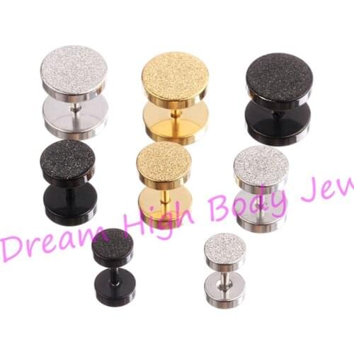 Earring straight barbells Round Ear Stud Titanium Black Steel Golden Frosted Newest 6mm 8mm 10mm Punk Fake Ear Plugs Expander