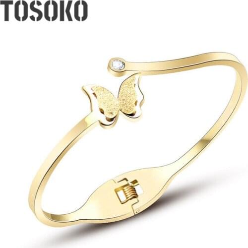 TOSOKO Stainless Steel Jewelry Frosted Butterfly Zircon Spring Open Bracelet Womens Fashion Bracelet BSZ050