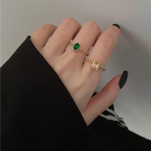 U-Magical Temperament Green CZ Zircon Oval Square Ring for Women Trendy Geometric Chain Engagement Index Finger Ring Jewelry