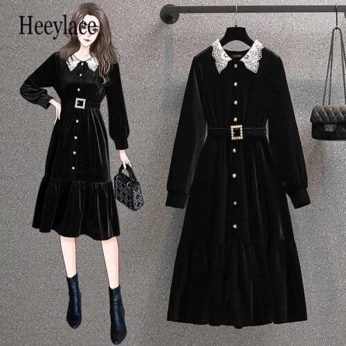 Plus Size Women Clothing 2021 Winter Fall Vintage Black Velvet Dresses Sweet Lace Collar Long Sleeve Pearl Buttons Up Vestidos