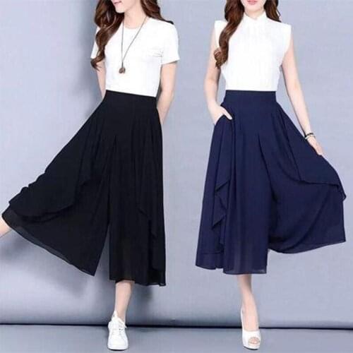 Women Solid Color High Waist Elastic Waistband Wide Leg Cropped Pants