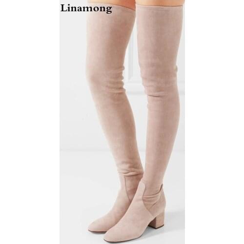 New Women Nude Red Black Suede Patent Leather Zipper Round Toe Low Heels Slim Over The Knee Boots Thing Square Heels Long Boots