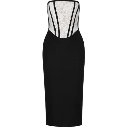 Summer Elegant Strapless Bandage Dress Womens Patchwork Autumn Clothes Sexy Lace Club Celebrity Evening Party Midi Dress