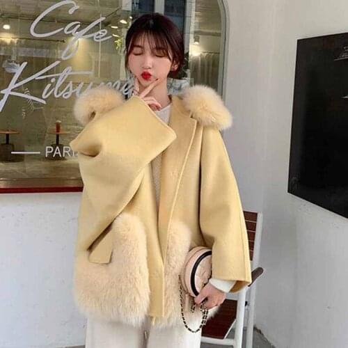Ladies 2021 Casual Genuine Wool Coat Light Yellow Natural Fox Fur Hood Luxury Womens Winter Jacket With Pocket