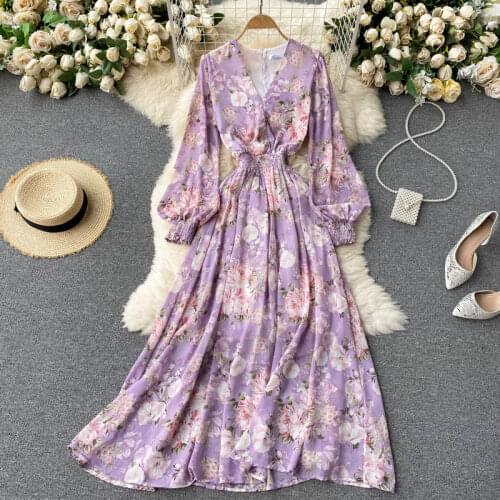 New Spring Autumn Women Sexy V-Neck Hollow Out Waistless Slim Long Dress Sweet Floral Chiffon Dress