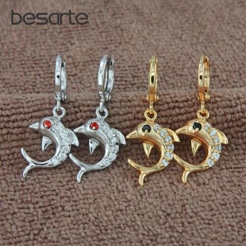 Gold Dolphin Cristal Dangle Earrings For Women Boucle D oreille Lange Oorbel Pendientes Mujer Orecchini Pendenti Ohrringe E2341