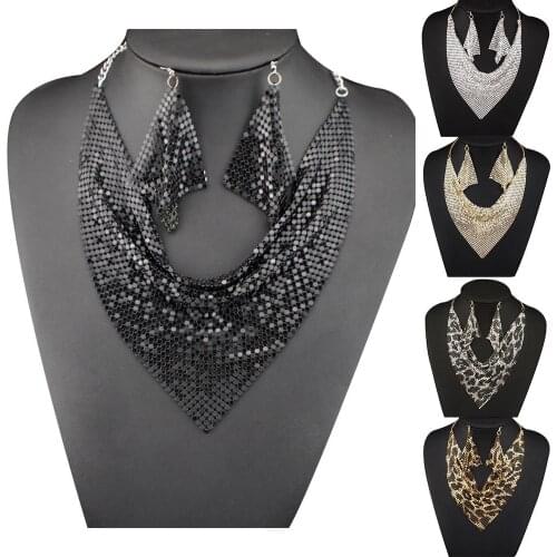 2Pcs/Set Fashion Women Triangular Scarf Sequins Charm Statement Bib Necklace Earrings Jewelry Set Necklace+Earring