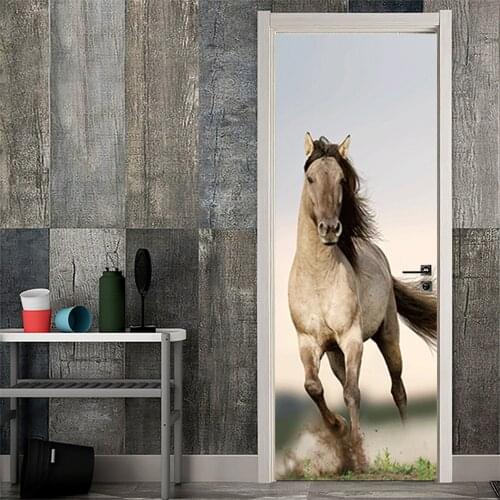 White Horse Running 3D Pattern Door Sticker Self Adhesive PVC Wall Sticker Waterproof Living Room Kitchen DIY Home Design