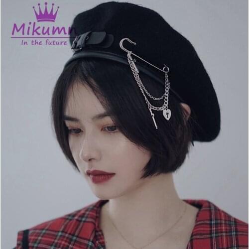 Harajuku Cross Chain Beret Hat For Women Girl Autumn Winter Woolen Warm Beret Cap