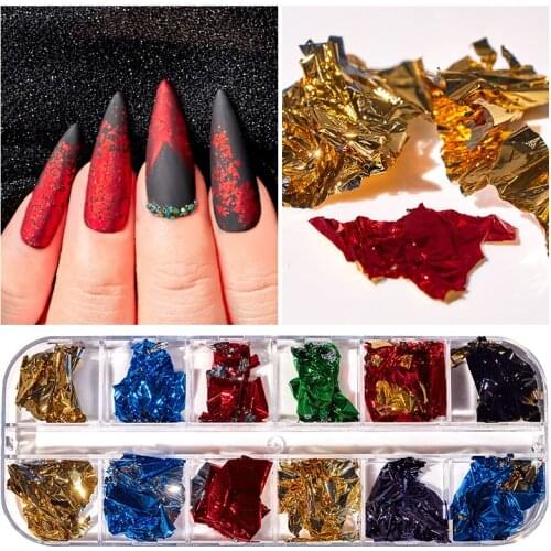 12 Grid Nail Sequins Paillette Aluminum Irregular Flakes Gold Pigment Nail Art Decoration Mirror Glitter Foils Paper