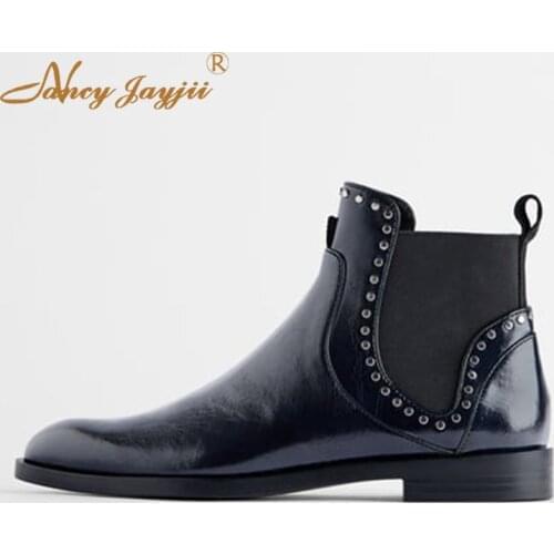 Pointed Toe Rivet Studded Dark Blue Chelsea Boots Ankle Elastic Nylon Casual Professional Ladies Shoes Size 12 13 NANCYJAYJII
