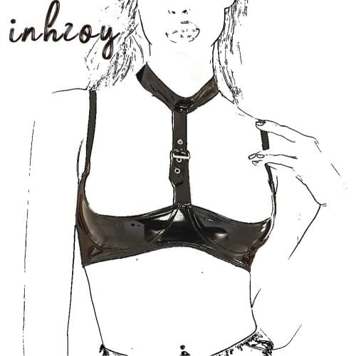 Inhzoy Bra Tops Women Wet Look Patent Leather Lingerie Halter Open Half Cups Wire-free Hot Sexy Erotic Bra Top Adjustable Straps