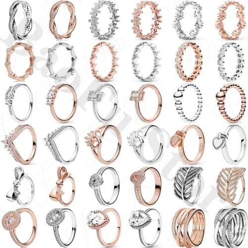 925 Sterling Silver Ring Glittering Feather Bow Knot Galaxy Interwoven Love Daisy Shell Suitable Original Female Party Jewelry