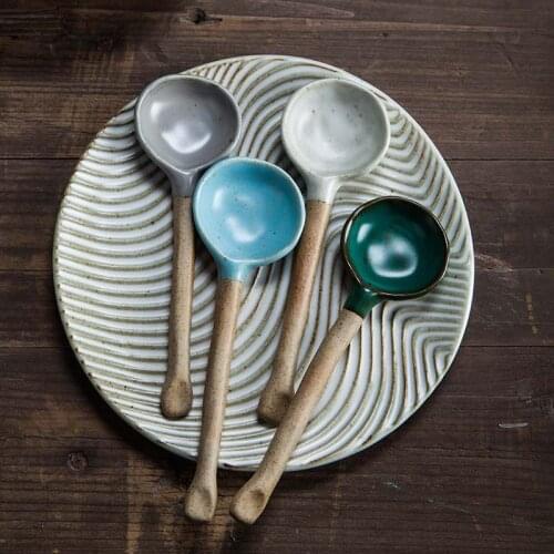 Handmade Ceramic Table Spoon Japanese Style Creative Ceramic Long Handle Small Soup Spoon Ice Cream Dessert Spoon