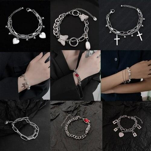 SOHOT Punk Casual Titanium Steel Horse Heart Butterfly Pearl Cross Multilayer Chain Bracelet Unisex Jewelry Gifts Drop Shipping