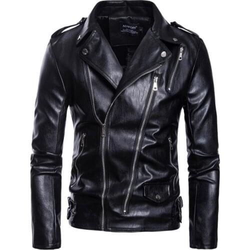 Motorcycle leather jacket men Multiple zipper epaulettes belt buckle suit collar clothes mens leather jackets and coats biker