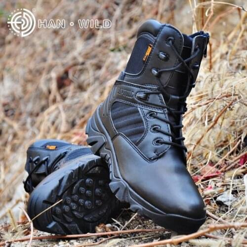 Hanwild Military Desert Tactical Boot Hiking Shoes Army Shoes Breathable Leather Camping Hunting Climbing Work Ankle Men Boots