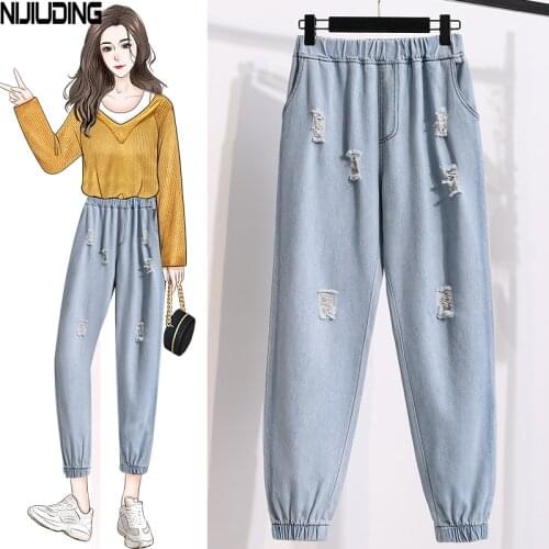 NIJIUDING 2020 Autumn New Womens Denim Harem Pants Hole Solid Loose Elastic Waist Jeans Female Ankle-Length Pants Plus Size 5XL