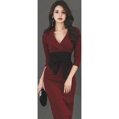 Solid Sheath Bodycon Wrap Dress Women Half Sleeve Office Work Dress for Ladies with Sashes Autumn Winter Women Dress Plus Size