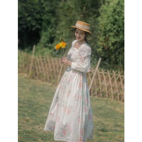 Women Dress Vintage Elegant Slim Floral Print 100%Cotton Long Dress Retro Long Sleeve Casual Korean White Dress vestidos mujer