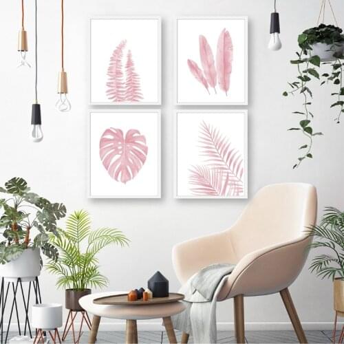 Pink Leaves Fern Plant Watercolor illustration Nordic Poster Prints Banana Botanical Wall Art Canvas Painting Picture Home Decor