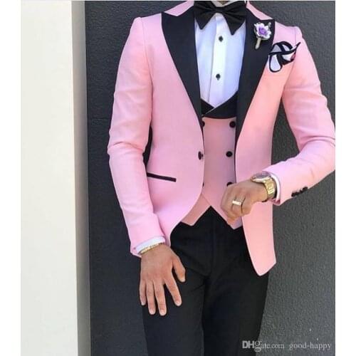 2019 Groom Tuxedos Groomsmen Pink Peaked Lapel Best Man Suit Wedding Mens Blazer Suits Custom Made (Jacket+Pants+Bow+Vest)
