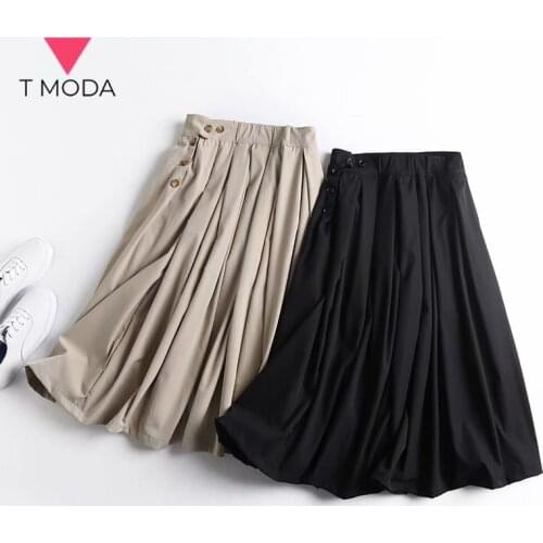 T MODA 2021 Summer Women Fashion Pocket Wide Leg Pants Female Calf Length Loose Casual Botton Pleated Skirt Pants Oversized Pant