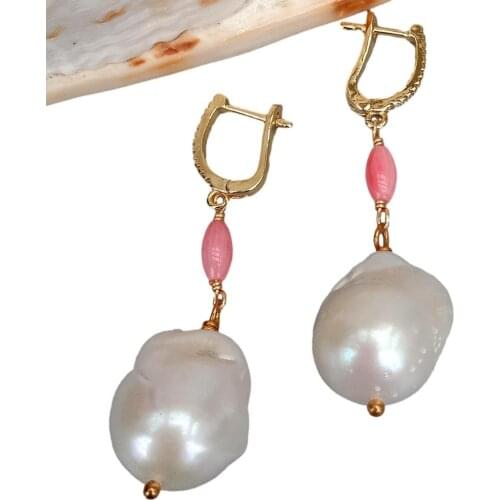 YYGEM Freshwater Cultured Cultured Nucleated Flameball Baroque Pearl Pink Coral Dangle Cz Pave Lever Back Earrings