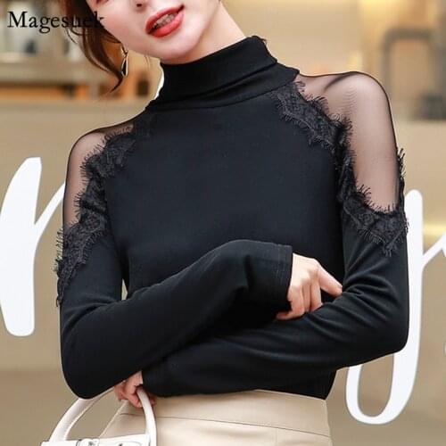 Autumn New Long Sleeve Women Blouses Solid Slim Lace Blouse Women 2021 Casual Office Lady Turtleneck Pullover Women Shirts 11093