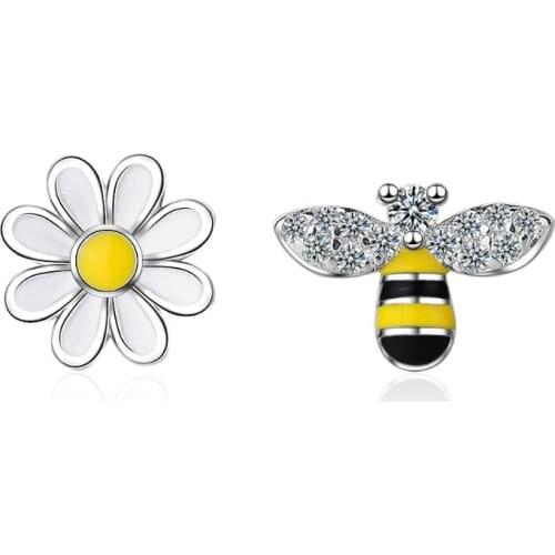 Lovely Asymmetric Bee Sun Flower Zircon Stud Earrings Ear Line For Women 925 Sterling Silver Pendientes Jewelry Brincos SAE53
