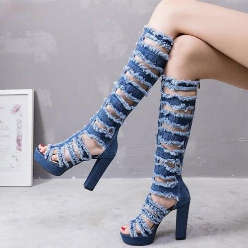 New Deep Toe Over The Knee Hole Jean Boots Women Long Tight Chunky Heel Summer Boots Platform High Heels Designer Women Shoes