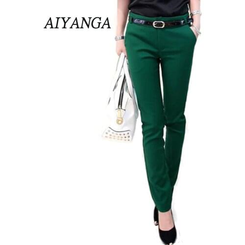 AIYANGA 2019 Elastic Fabric Candy Color Pants Mid Waist Office Lady Trousers Women Summer Harem Pencil Pants Female